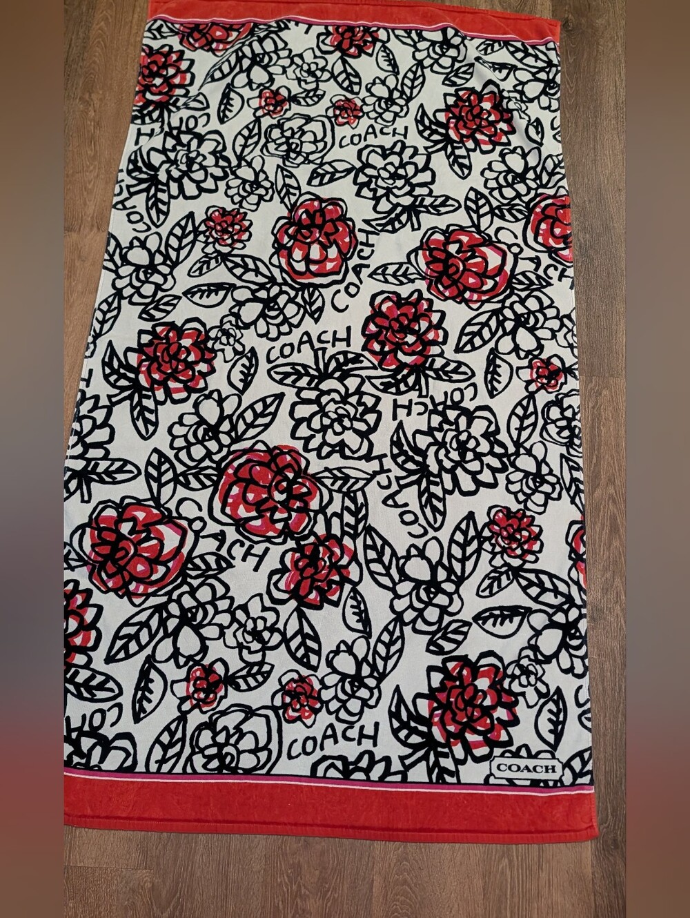 Coach Poppy Floral Graffiti Beach Towel Black Red White 38" X 70" GUC
